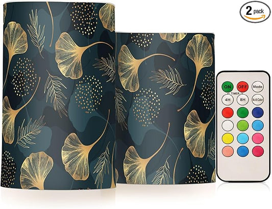 Flickering Flameless Candles, Golden Ginkgo Leaf LED Candles with Remote Timer, Set of 2 Battery Operated Candle for Valentine Wedding Birthday