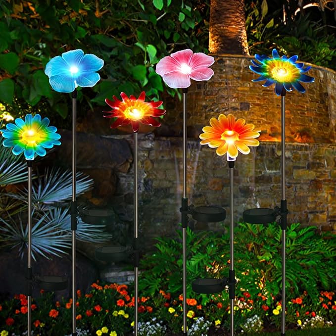 EiGreen 6 Pack Solar Garden Lights Outdoor Decor,Stake Yard Figurine Colorful Flower Light, Housewarming Ornament for Patio, Lawn, Yard, Pathway (Art Deco)