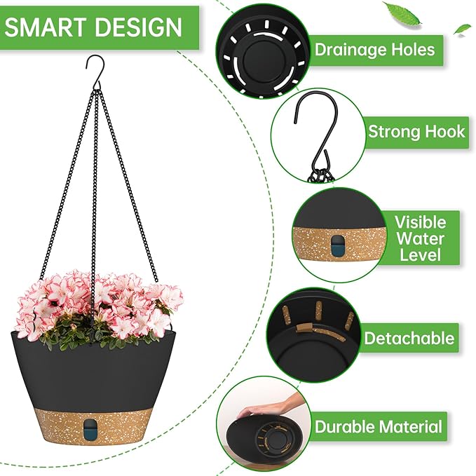ZMTECH Hanging Planters for Indoor Plants Set of 2 Self Watering Hanging Pots Hanging Baskets Hanging Flower Pots for Outdoor Hanging Plants(10 Inch, Gray)