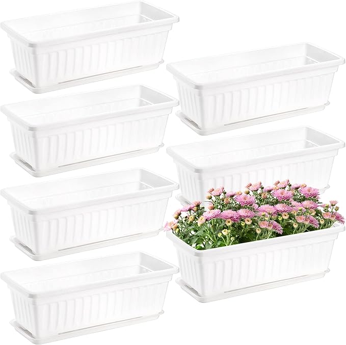Fasmov 7 Pack 17 Inches White Flower Window Box Plastic Vegetable Planters with Trays Vegetables Growing Container Garden Flower Plant Pot for Balcony, Window Sill, Patio, Garden, White