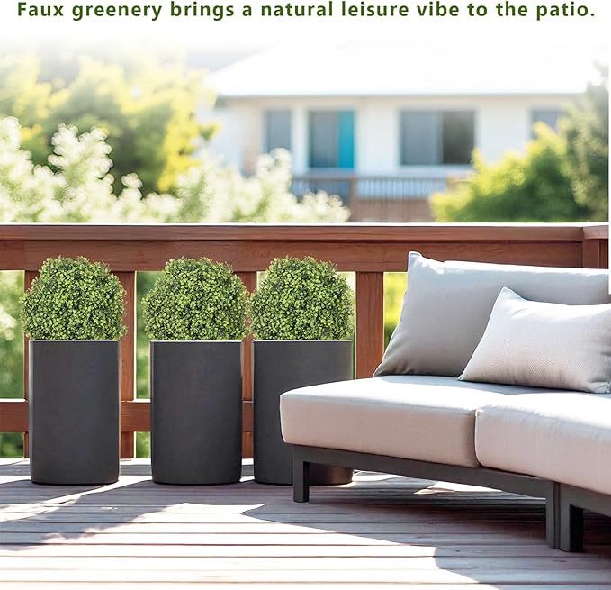 THE BLOOM TIMES 2ft Boxwood Topiary Ball Trees Artificial Outdoor Set of 2, 24" Faux Evergreen Plants Outside UV Resistant Greenery, Fake Potted Bushes and Shrubs for Front Porch Planter Patio Decor