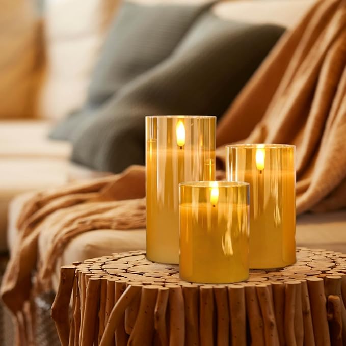 Rechargeable Candles Flickering with Remote, Rechargeable Flameless Candles with Timer, LED Candles Battery Operated with 3D Wick and Charging Cable for Valentine's Day Home Decor(Gold)