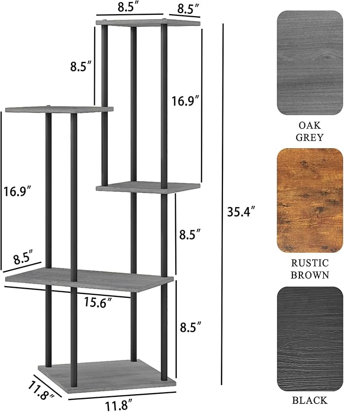 Plant Stand Indoor 5-Tier Metal Wood Plant Shelf for Multiple Flower Pots Corner Tall Flower Holders for Living Room Balcony Bedroom, Oak Grey