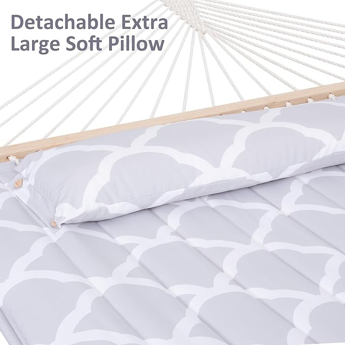 SUNCREAT Double Hammock, Extra Large Quilted Fabric Swing with Hardwood Spreader Bars & Detachable Pillow, Heavy Duty, Perfect for Indoor/Outdoor Patio, Deck, Yard, Gray Cloud