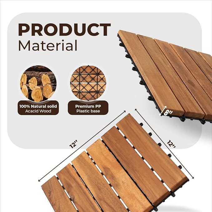 Pack of 10 Deck Tiles - 12"x12" Interlocking Natural Solid Acacia Wood for Outdoor & Indoor, Patio Garden, Balcony, Poolside - Teak Color