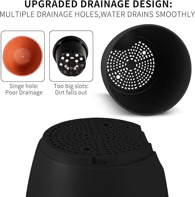 GARDIFE Plant Pots 7/6.5/6/5.5/5 Inch Self Watering Planters with Drainage Hole, Plastic Flower Pots, Nursery Planting Pot for All House Plants, Succulents,Snake Plant, African Violet, Flowers,Black