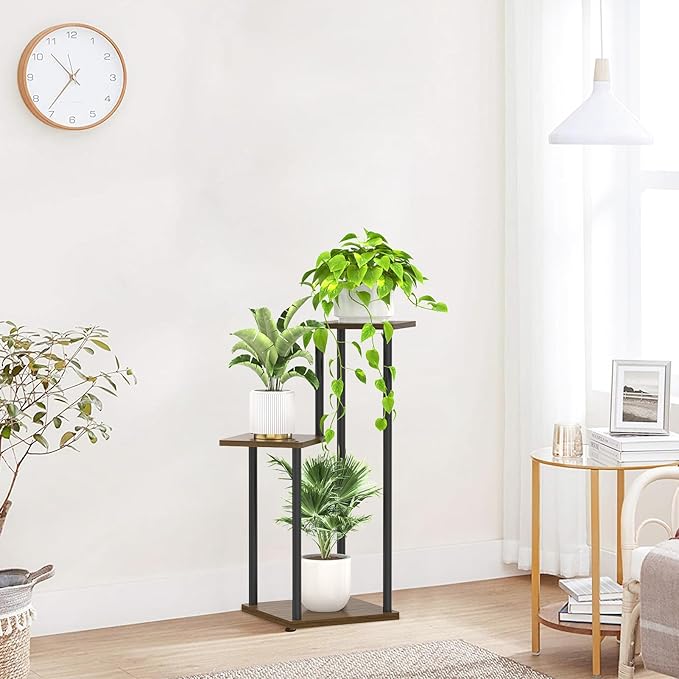 3 Tier Plant Stand Indoor Outdoor, Wood Metal Flower Shelf Pot Holder Clearance, Tall Multiple Plants Corner Rack Aesthetic Organizer for Patio Orchid Office Porch Living Room Garden, Black Oak