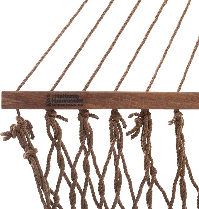 Hatteras Hammocks Deluxe Antique Brown DuraCord Rope Hammock – 13 ft. x 60 in., 2-Person, 450 lb Capacity, Cumaru Spreader Bar, Zinc-Plated Hardware – Handcrafted in The USA