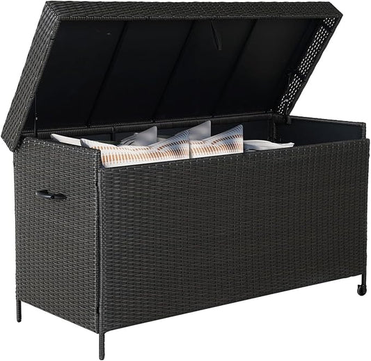 Grand patio 170 Gallon Storage Box, Dark Brown PE Wicker, Minimalist Style, Water Resistant, Flip Top, Smooth Wheels, for Patio Furniture Cushions, Garden Tools, Pool Accessories