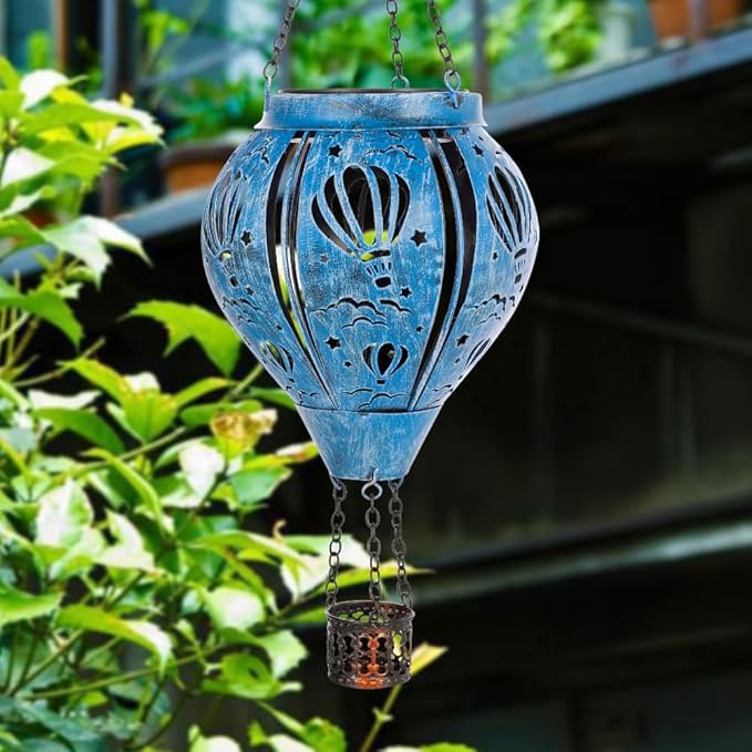 Hot Air Balloon Solar Lantern, Hollow Out Solar Powered Hot Air Balloon Lantern Outdoor Waterproof, Blue Metal Hanging Hots Airs Balloons Solars Light for Outdoor Patio Garden Decor