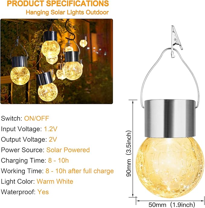 MAXvolador 12-Pack Hanging Solar Lights, Decorative Cracked Glass Ball Light, Solar Powered Waterproof Globe Lighting for Garden, Tree(Warm White)