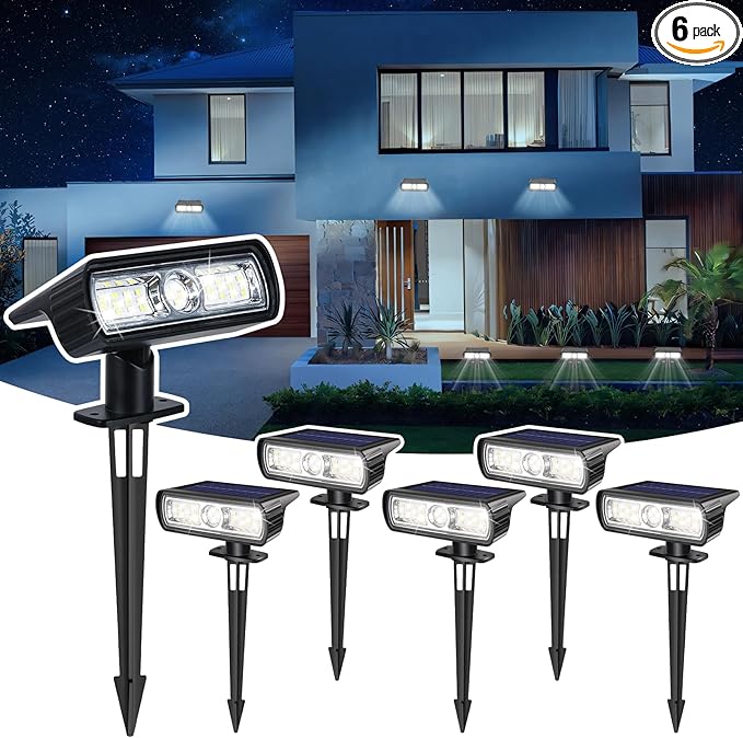 Toodour Solar Spot Lights Outdoor, 6 Pack Christmas Lights With 2 Modes, Waterproof Solar Powered Flood Landscape Lighting for Yard Garden Pathway Walkway Xmas Decor - Cool White