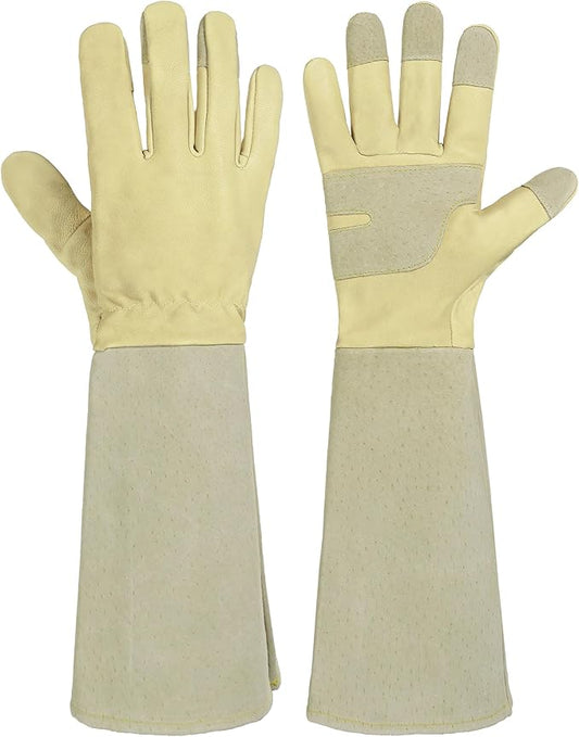 HANDLANDY Pruning Gloves Long for Men & Women, Rose Thorn Proof Gardening Gloves- Gardening Gifts for Gardeners (Beige- goatskin, Medium (Pack of 1))