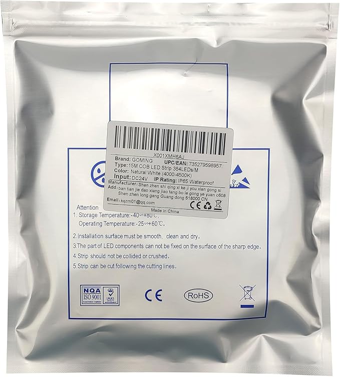 15M/49.2ft 24V COB LED Strip Light Waterproof IP65 Natural White 4000K Uniform Glow 5760LEDs CRI 93+ Flexible LED Tape Lights for DIY Cabinet Bedroom Kitchen Home Decor(No Power Supply)