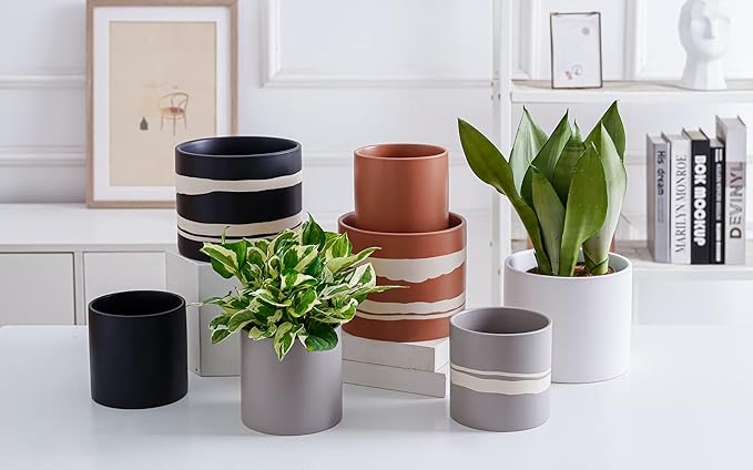 Nihow Modern Ceramic Plant Pot - 5 + 7 Inch Flower Pot for All Indoor Plants - Sturdy Planter Pots with Drainage Hole & Rubber Plugs - Semi-Matte Terracotta & Nature - Plants Not Included