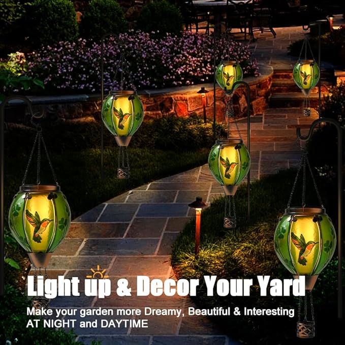St Patricks Hot Air Balloon Solar Lantern - Simulated Flickering Flame Patrick's Shamrock Glass Lantern, Outdoor Hummingbird Hanging Yard Light for St Patty's Day Patio Porch Decor Clover Gfit