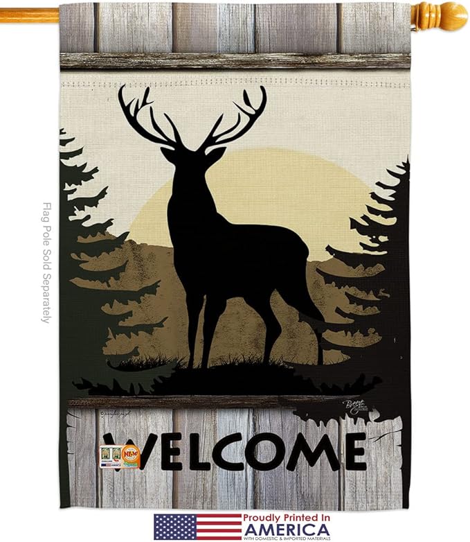 Welcome Deer Garden House Flags Kit Animals Wildlife Outdoor Bear Wolf Pet Nature Farm Animal Creature Small Decorative Gift Yard Banner Made In USA 28 X 40