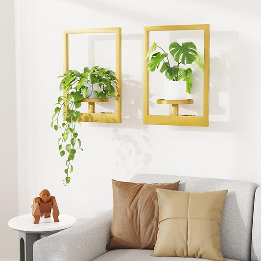 Picture Frame Wall Plant Holder, Metal Window Plant Shelves Plant Holder for Indoor Plants, Hanging Wall Planters Wall-Mounted Plant for Home, Office, and Garden (Gold, 2PCS)