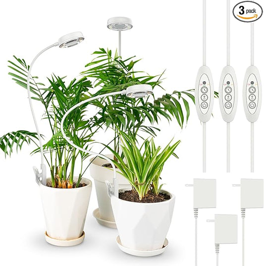 SANSI Grow Lights for Indoor Plants, Pot Clip LED Plant Light for Growing Full Spectrum, Plant Growing Lamp with 4-Level Dimmable, Auto On Off 3 6 12 Hrs Timer for Pot Plants, White 10W 3-Pack