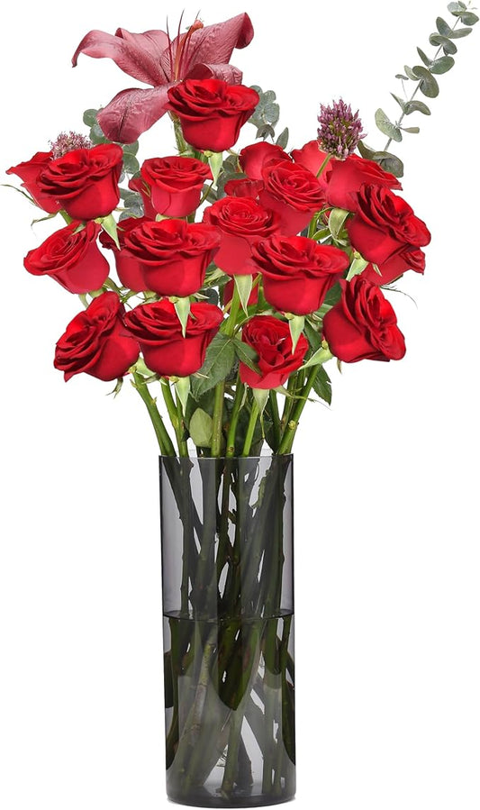 Flower Vase, Non-breakable Vases, 4" W x 16" H, Acrylic Grey Vase, Aesthetic Room Decor Cylindrical Modern Flower Vases for Table Centerpiece, Home Decor, Women Floral Arrangement Gift