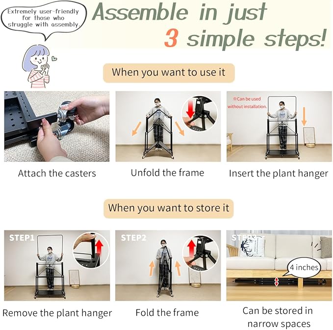 lumizone Foldable 4-Tier Plant Stand Indoor Outdoor Hanging Plant Shelf No Assembly Required Pot Placement Area With Wheels Sturdy Fall Prevention Storage Shelf Flower Pot Stand(4 Tier-Black)