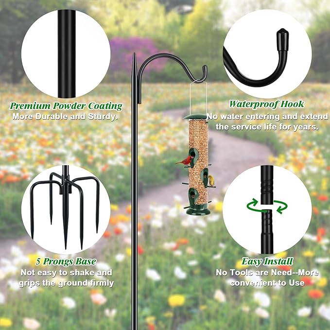FEED GARDEN Short Shepherds Hooks for Outdoor, 48 Inch Bird Feeder Pole with 5 Prongs Base, Heavy Duty Shepherds Hook Garden Hook for Hummingbird Feeder, Hanging Lantern, Plant Baskets, 2 Pack