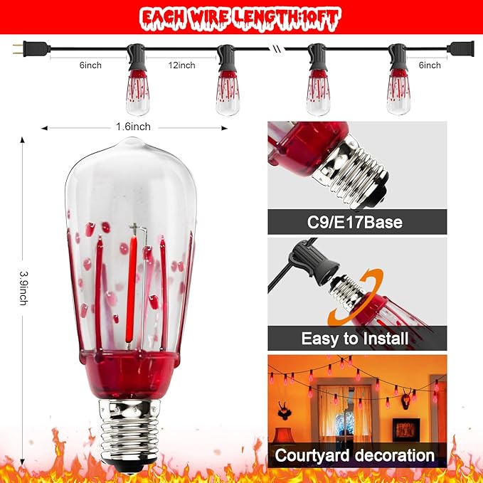 10Ft Halloween LED String Lights Outdoor with 10 ST40 Red Blood Drop Lights, UL Listed Connectable Halloween Patio Lights Set for Indoor Outdoor Backyard Garden Halloween Christmas Party Decor