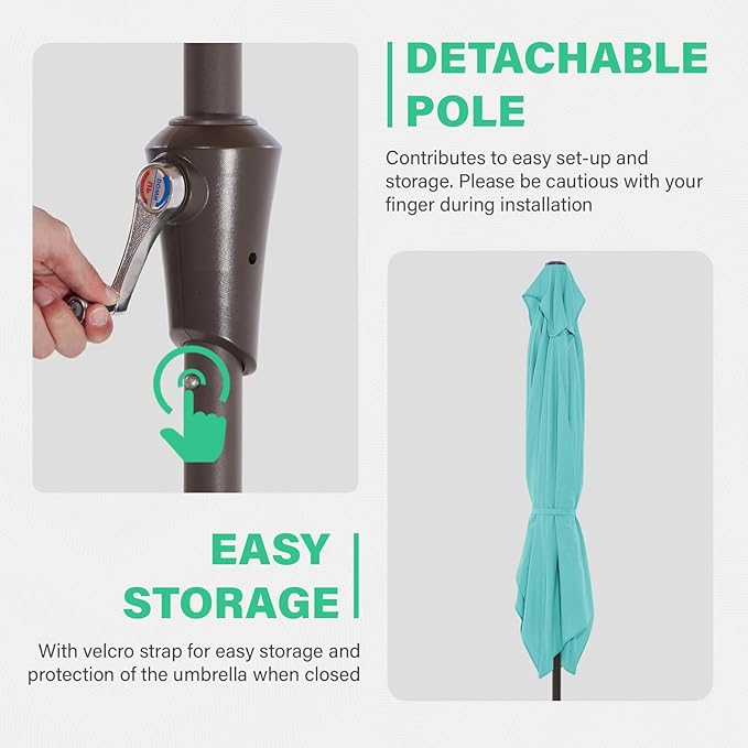 JEAREY 6.5x10 ft Rectangular Patio Umbrellas Outdoor Market Umbrella with Push Button Tilt and Crank, Rectangle Table Umbrella 6 Sturdy Ribs UV Protection for Pool Garden Backyard Deck, Peacock Blue