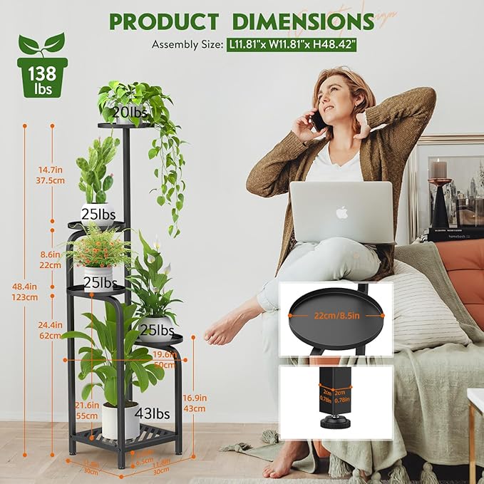 TOSKING 5 Tier Metal Plant Stand Indoor 48''H Tall ,Heavy Duty Plant Shelf , Corner Shelf Flower Pot Stand for Outdoor Plant Stand for Living Room Balcony Garden Patio Bedroom (Black)