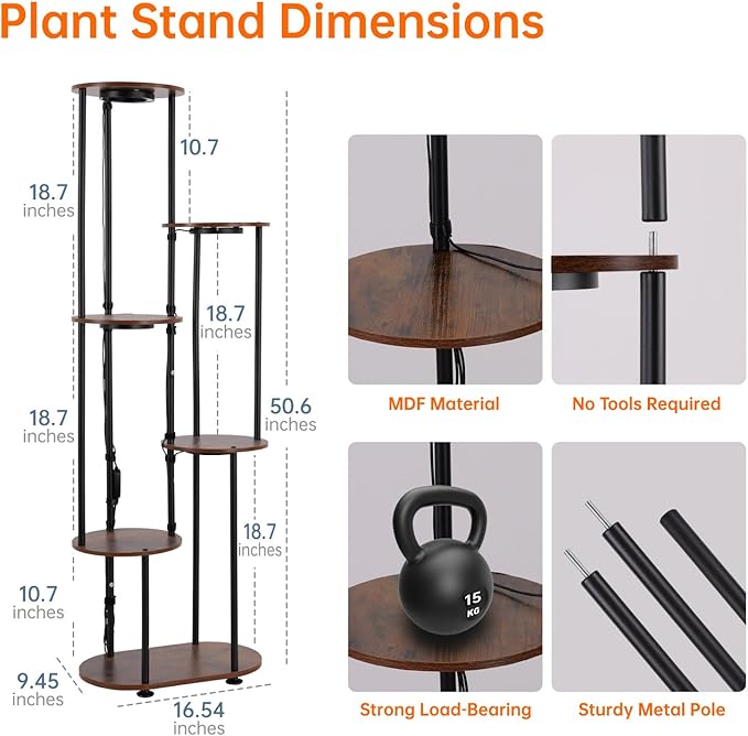 Plant Stand Indoor with Grow Light, 50" High Indoor Plant Shelf, 6 Tier Flower Stand with Plant Light Full Spectrum, Metal Plant Holder with Light, Double-Row Discs Plant Rack for Home, Corner