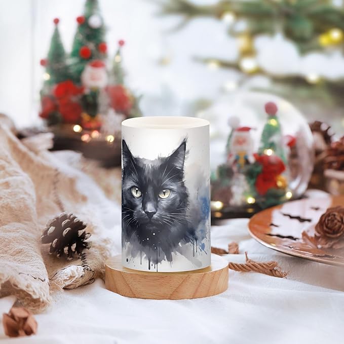 Flickering Flameless Candles, Black Cat Print LED Candles with Remote Timer, Set of 2 Battery Operated Candle for Valentine Wedding Birthday