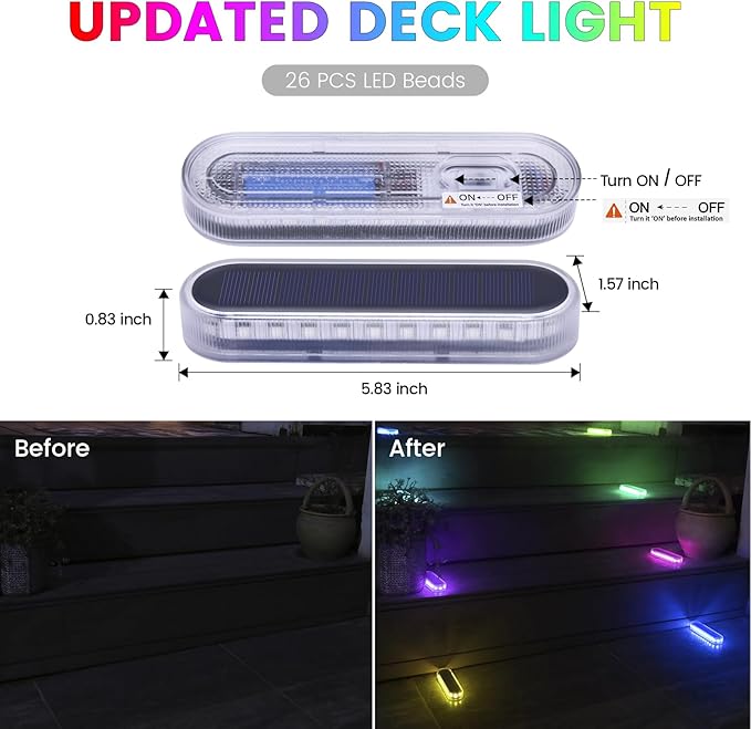 Honalia Solar Step Lights Outdoor Waterproof LED, RGB Color Changing Stick on Solar Lights Auto ON Off, Deck Step Lights Solar Powered Decor for Stairs,Pool,Yard,Patio(4 Pack), HO-RGBSL-4