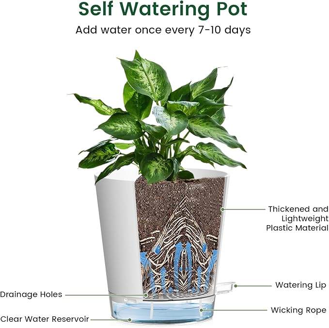 4 inch Self Watering Pots for Indoor Plants, 5 Pack Small Flower Plant Pots with Drainage Holes and Clear Reservoirs, Visible Water Level, Plastic Planters with Wicking Rope, White