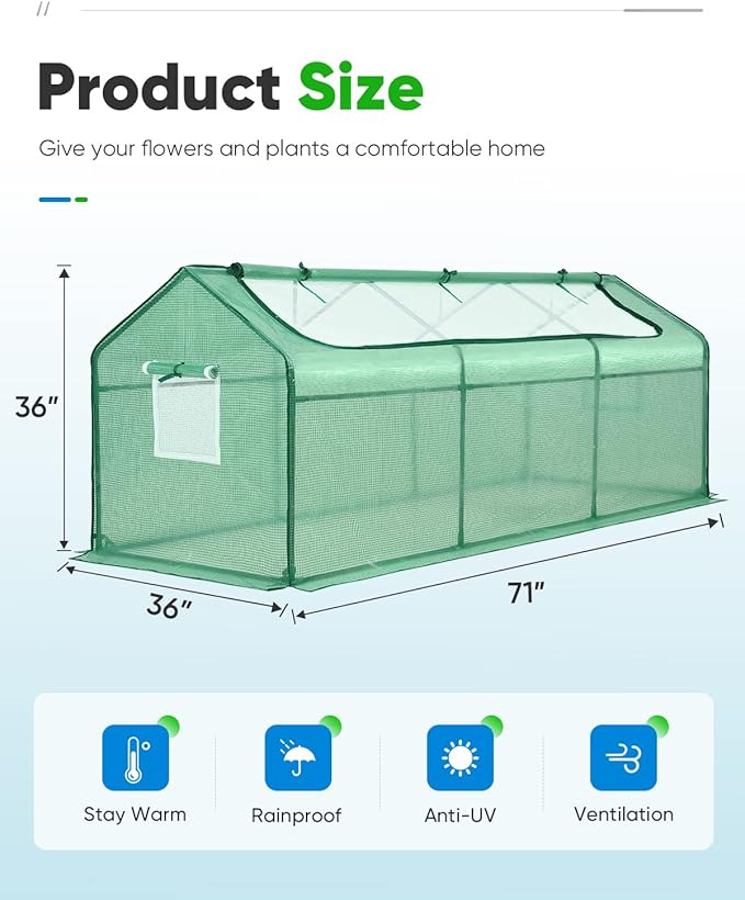 Quictent Portable Mini Cloche Greenhouse w/ Elevated Bottom, Large U-Shaped Zipper Mesh Door & 2 Side Screen Window Waterproof UV-Resistant Hot House for Indoor Outdoor, 95" x 36" x 36" (Green)