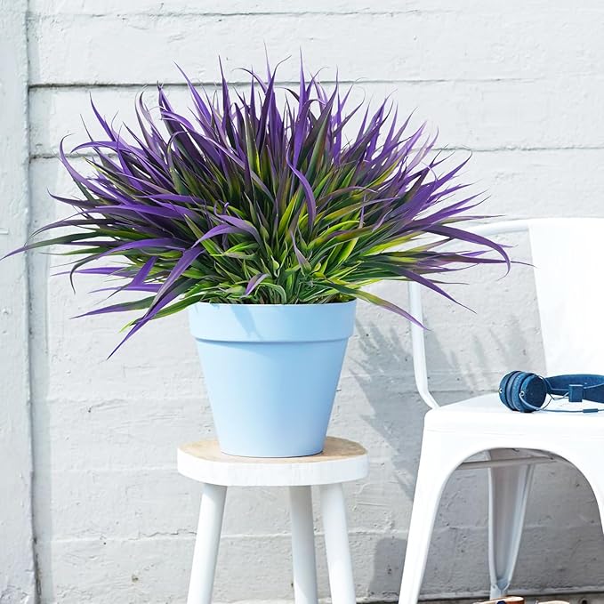 Uieke 12 Bundles Artificial Outdoor Plants UV Resistant Fake Grass Plants Faux Plastic Plants Greenery Shrubs for Home Garden Pathway Window Box Front Porch Cemetery Spring Summer Decor, Purple
