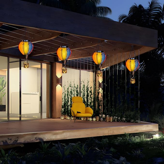 pearlstar Hot Air Balloon Solar Lantern with Flickering Flame Light Outdoor Solar Hanging Lights Waterproof for Garden Yard Farmhouse Patio Pathway Outside Decoration,Glass, Rainbow