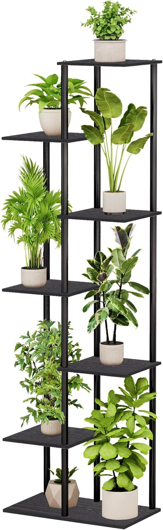 Plant Stand Indoor 7 Tier 8 Potted Metal Wood Plant Shelf, Multiple Flower Pots Corner Tall Plant Holder Stands for Living Room Balcony Bedroom, Black
