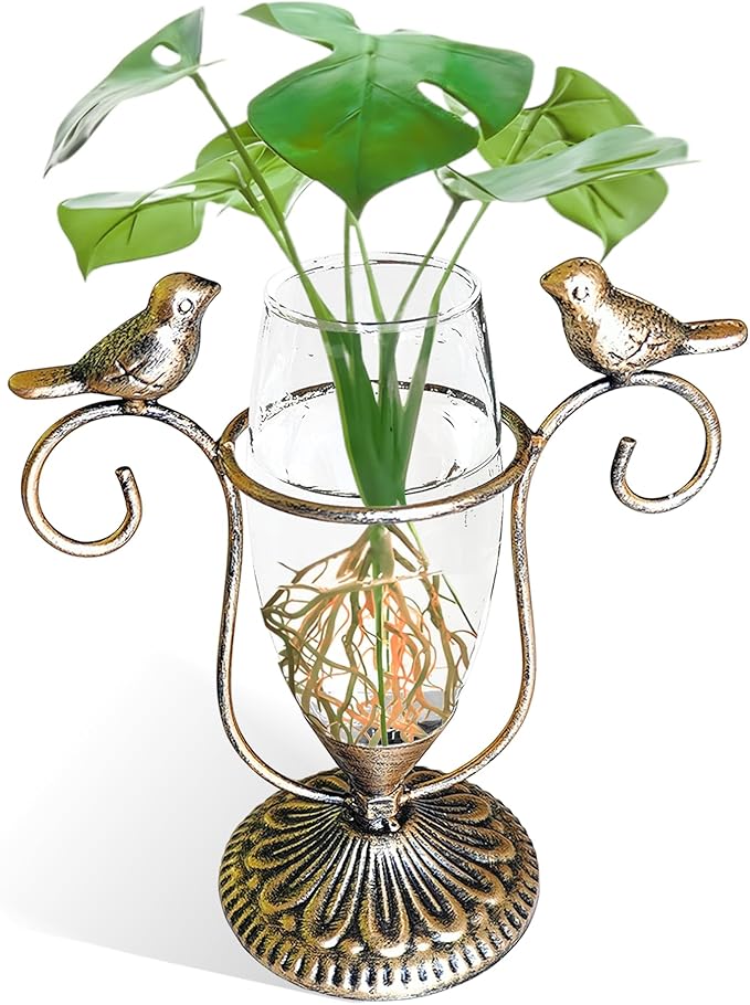 POXOH Vintage Glass Planter - Metal & Glass Propagation Vase with Gold Dual Birds Art, Retro Indoor Planter for Hydroponic Plants, Office Desk Decor, Living Room Centerpiece