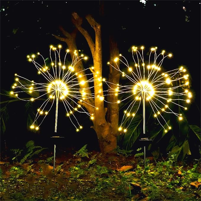 Honche Solar Garden Lights, 2 Pack Decorative Solar Outdoor Lights Weatherproof IP65 8 Lighting Modes Firework Lights for Garden Patio Counrtyards Pathway Parties (WarmWhite-8LightingMode-Oval)
