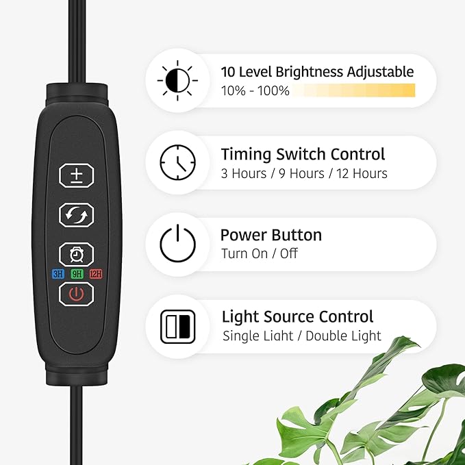 Plant Light for Indoor Growing, Full Spectrum Grow Light with 2 Heads,66.5in Extendable,144LEDs,10-Level Dimmable, Automatic Timer,Adjustable Gooseneck Floor Lamp for Tall Large Plants