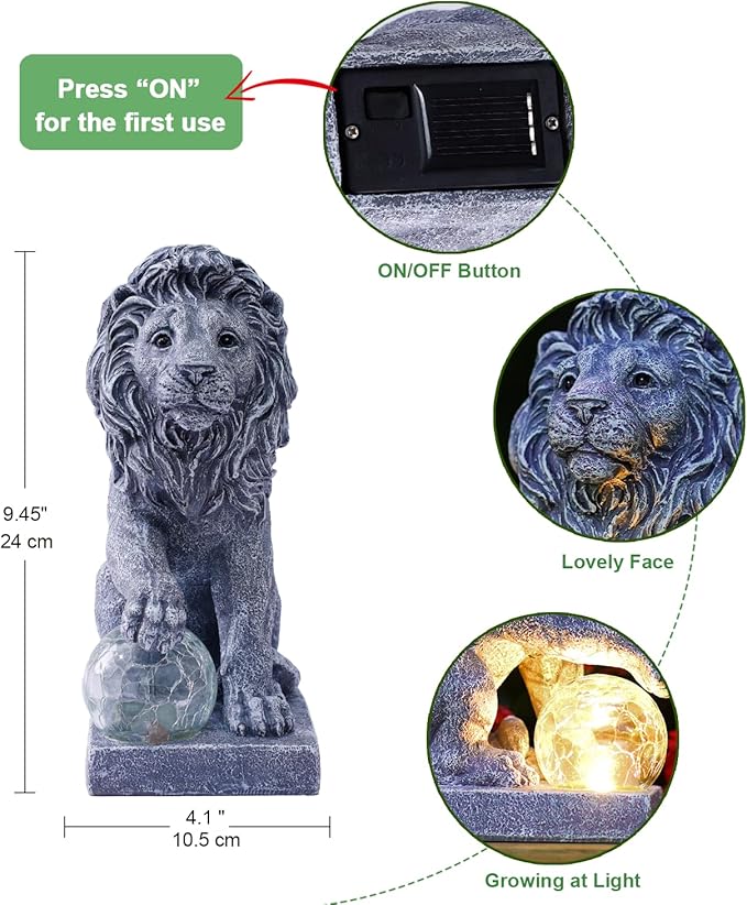 Solar Lion Statue for Garden Decor: Outdoor Figurines Sculpture with Ball for Lawn Patio Yard Balcony - Gifts for Mom Grandma Women