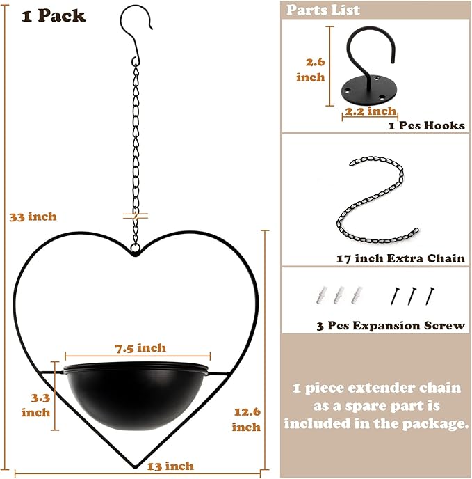 Hajia 1 Pack Heart Shaped Hanging Plant Holder with 7.5inch Detachable Pot, Black Metal Modern Hanging Planter for Indoor Outdoor, Minimalist Wall Ceiling Plant Hanger for Home Wedding Decor