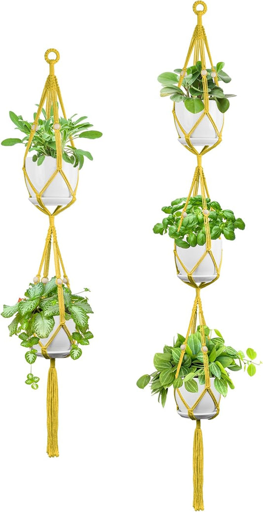 USLAI Macrame Plant Hanger Indoor Outdoor, Up to 4-15 inch Pot, Heavy 20lb Planters, Extra Long Strong Hanging Planter Basket Holder, Boho Home Decor, 49+72 Inch, Yellow (POTS NOT Included)