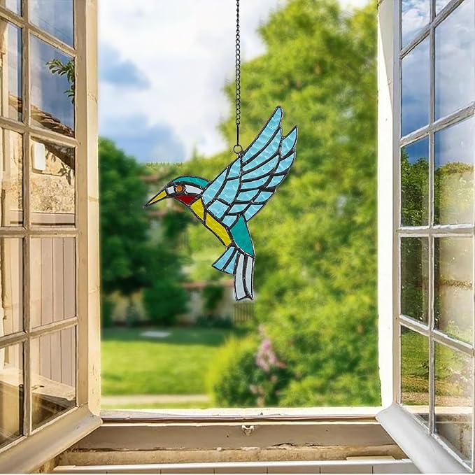 Stained Glass Hummingbird,Stained Glass Window Hanging, Flying Male Hummingbird suncatcher for Windows Doors Room Home, Hummingbird Deco, Gift for Mom, Father, and Nature Lovers.