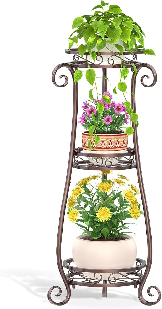 LASZOLA 3 Tier Bronze Metal Plant Stand for Multiple Large Planters Indoor Outdoor Organizer, Heavy Duty Tall Flower Stand for Corner Patio Bathroom Office, Modern Sturdy Vertical Iron Rack, Cat Proof