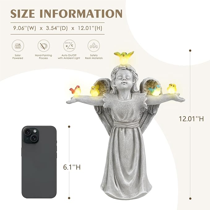 MININOVA Solar Angel Garden Statue with Birds Outdoor Solar Light Decorations Resin for Yard Patio Porch Balcony Housewarming Birthday Gifts for Women