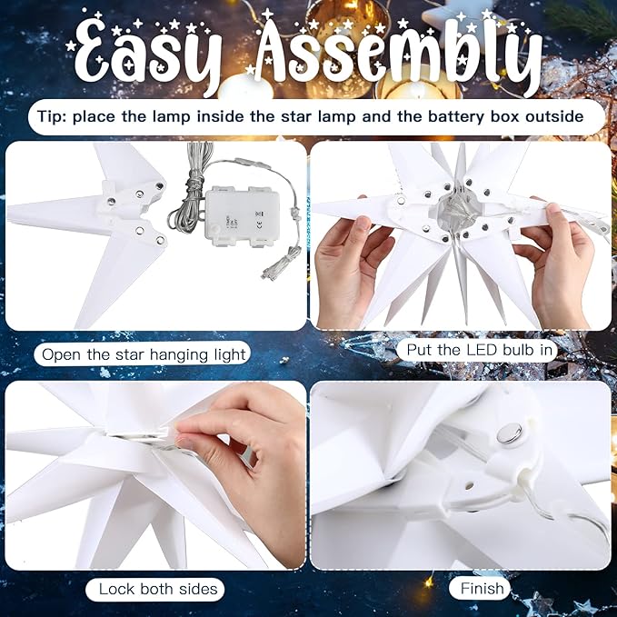 Kingdder 8 Pieces Moravian Star Light LED 3D Star Hanging Light Powered by Battery with Timer Function White Porch Lantern Holiday Decor for Indoor Outdoor Christmas Tree Balcony Courtyard (12 Inch)