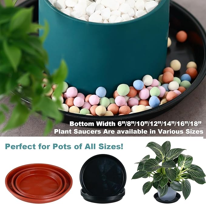 12 Pack Bottom 6 Inch Plant Saucers for Indoors Outdoors Plastic Plant Water Catcher Trays No Holes Round Flower Pot Drip Trays for Pots Base Heavy Duty Plant Pot Saucers Water Drainage Trays, Black