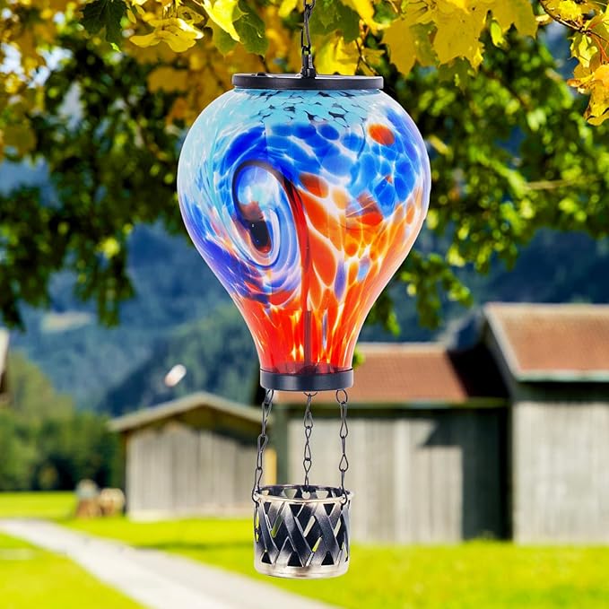 Starsoul Unique Hot Air Balloon Solar Lantern Glass Outdoor Hot Air Balloon Solar Flickering Flame Light Waterproof Hanging Solar Lantern with Big Basket for Garden Yard Patio Decor