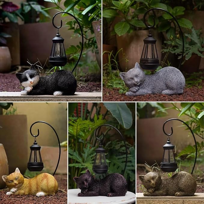 Solar Lantern Cat Statue Outdoor Garden Decor, 13 Inch Tall Cat Statues Resin Cat Figurine with Solar Light, Outdoor Statue Garden Cat Statue Decor for Pathway Yard Lawn Patio & Porch, Gift for Mom